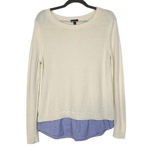 Talbots Womens Ivory Knit Sweater W Blue Striped Faux Shirt Tail Size M
